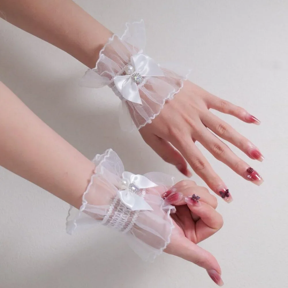 Women's Hand Sleeve White Rhinestone Cuff Bow Pearl Lace Gloves Wedding Cosplay
